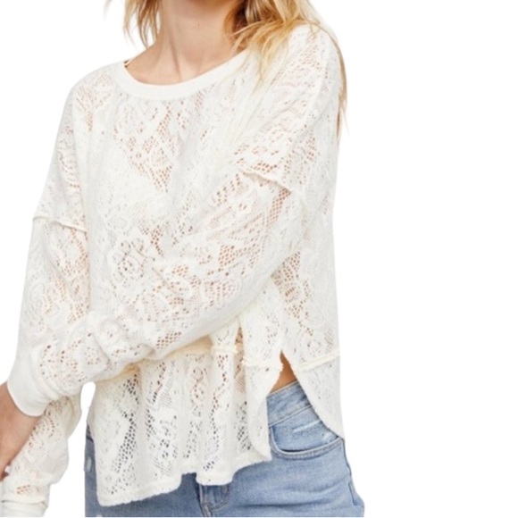 FREE PEOPLE Not Cold In This Sheer Lace Fuzzy Floral Long Sleeve Knit Top, Ivory - Picture 2 of 4